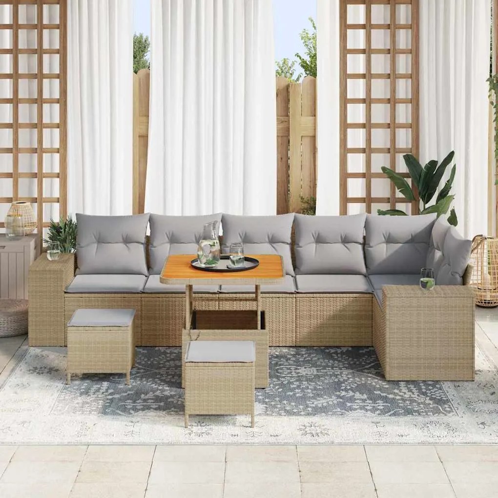 Conjunto de Sofá de Jardim de 9 Peças com Almofadas Bege em Rattan Sin