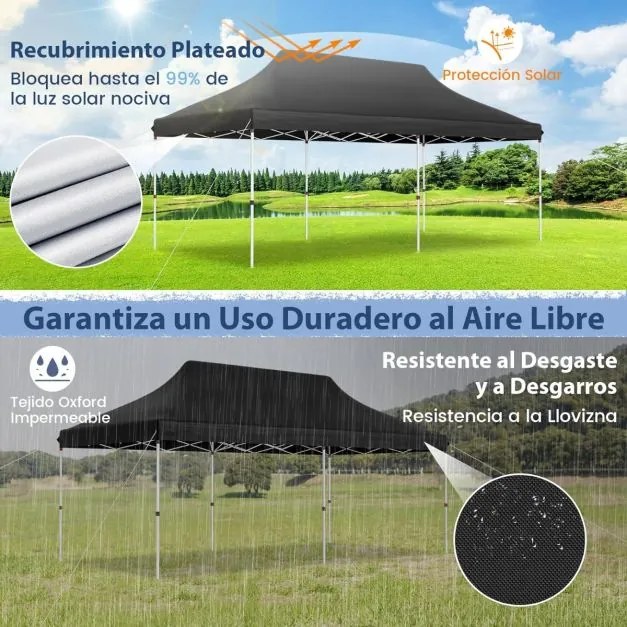 Tenda para festas dobrável impermeável de 300 x 600 cm com bolsa de transporte Proteção solar jardim preta