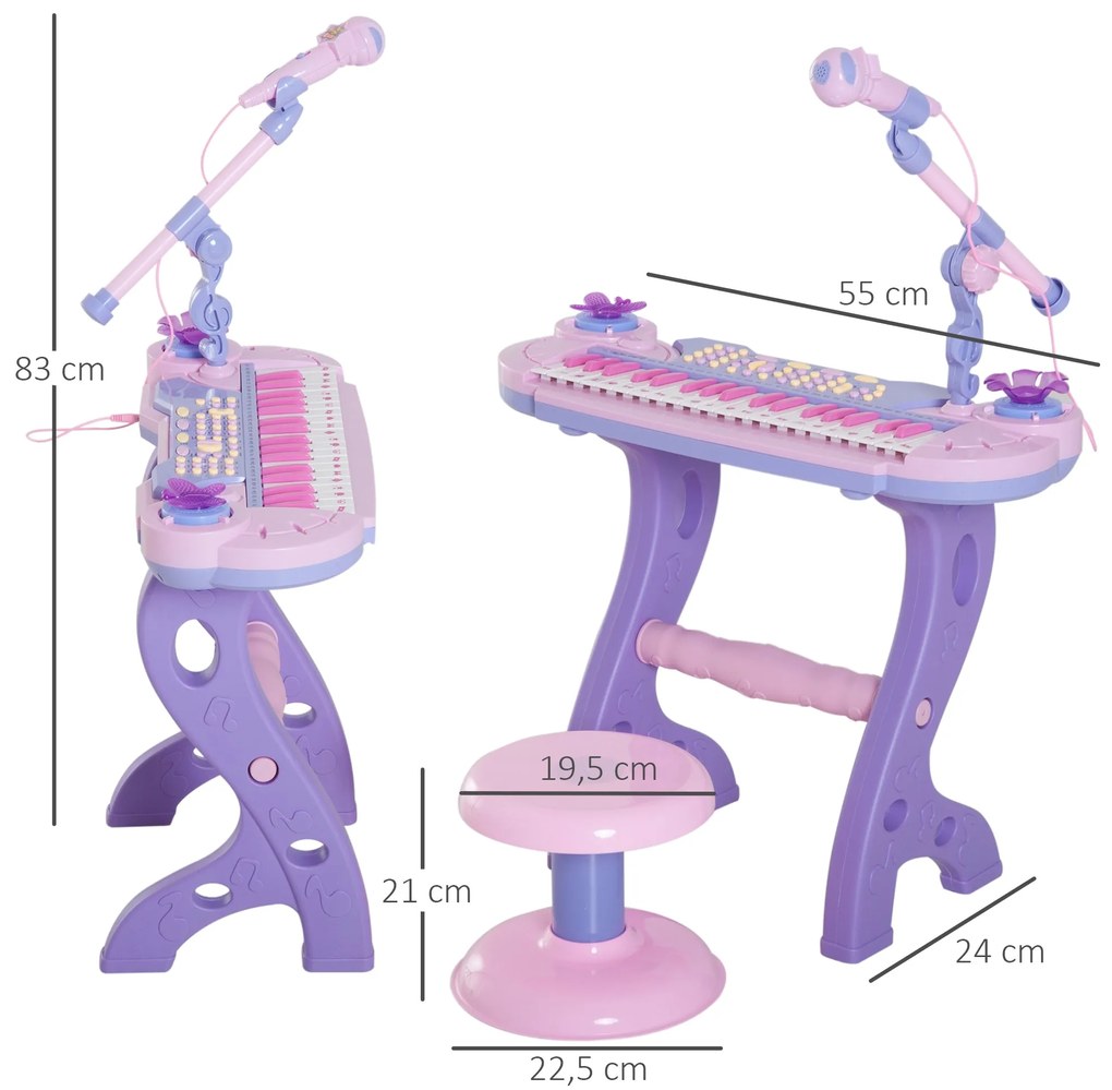 Órgão Electrónico Piano Infantil com Microfone Banquinho Luzes e 22 Ca