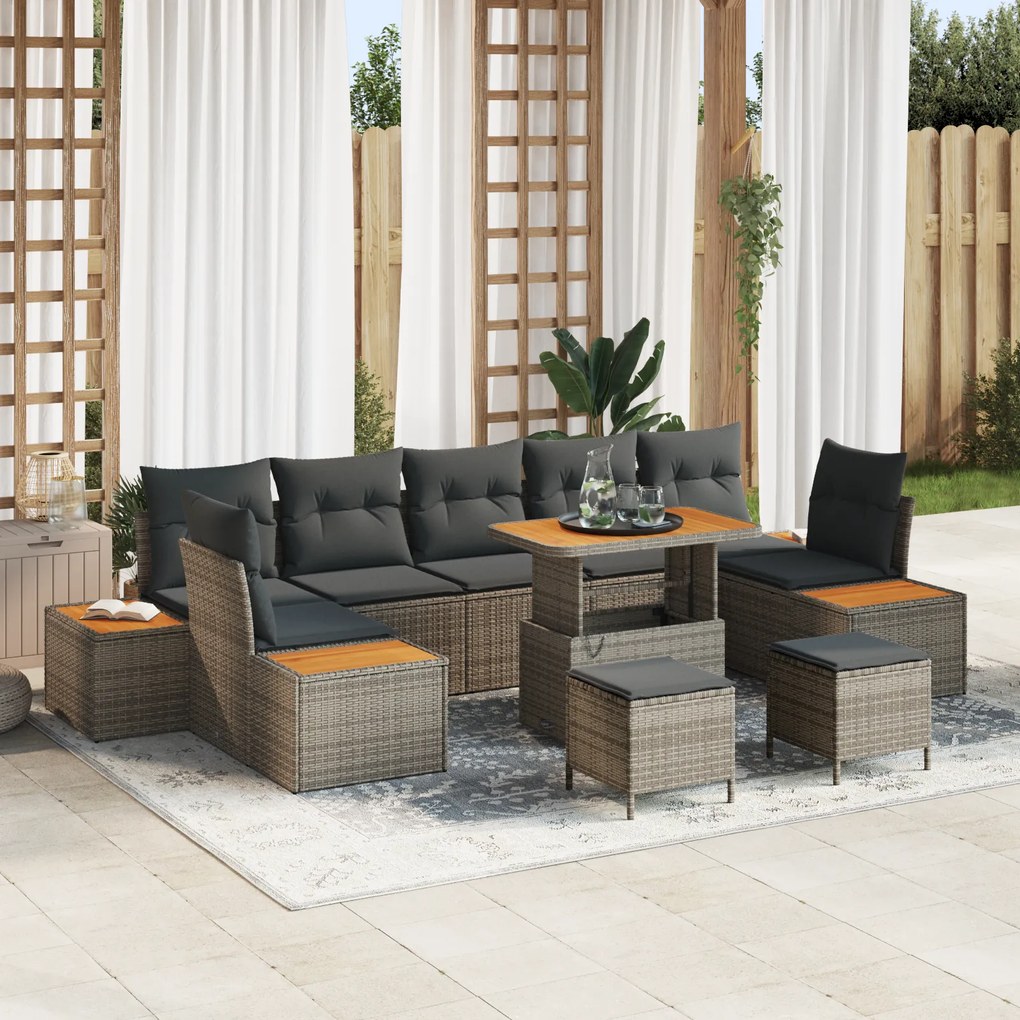 Conjunto de Sofá de Jardim vidaXL 10 Peças com Almofadas Cinza Rattan Poliéster Acácia