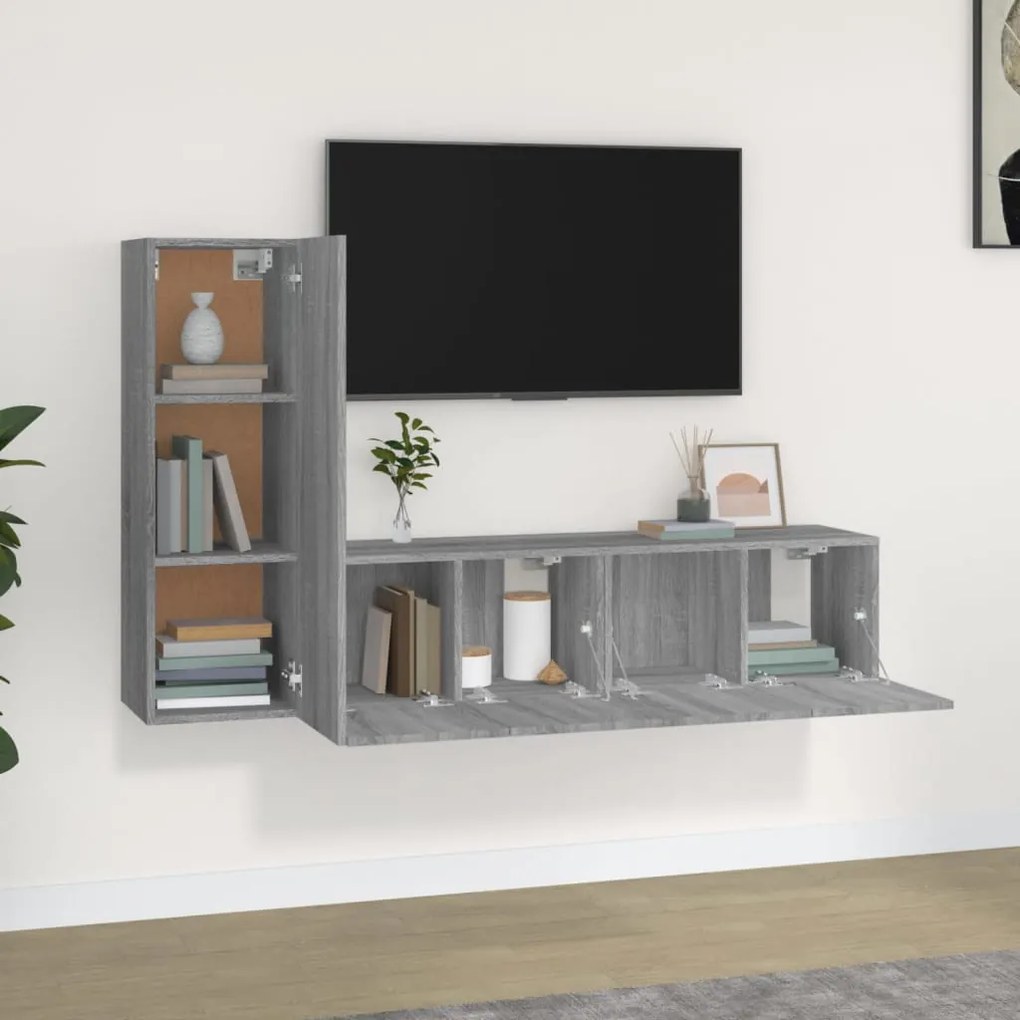 Conjunto móveis de TV 3 pcs madeira processada sonoma cinza