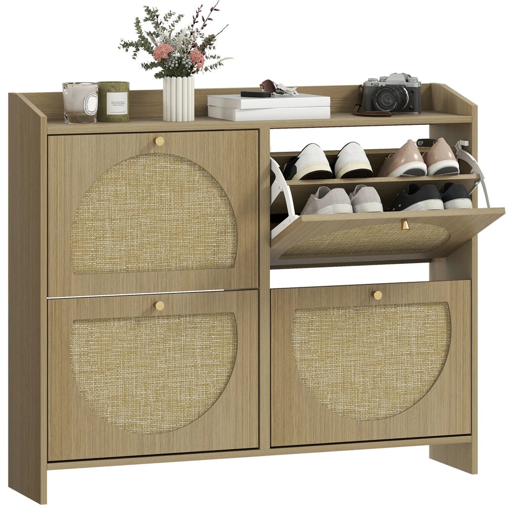 HOMCOM Sapateira Estreita com 4 Portas de Vime Sapateira para Entrada com Prateleiras Ajustáveis para 16 Pares de Sapatos para Espaços Reduzidos 104,5x24x88 cm Madeira
