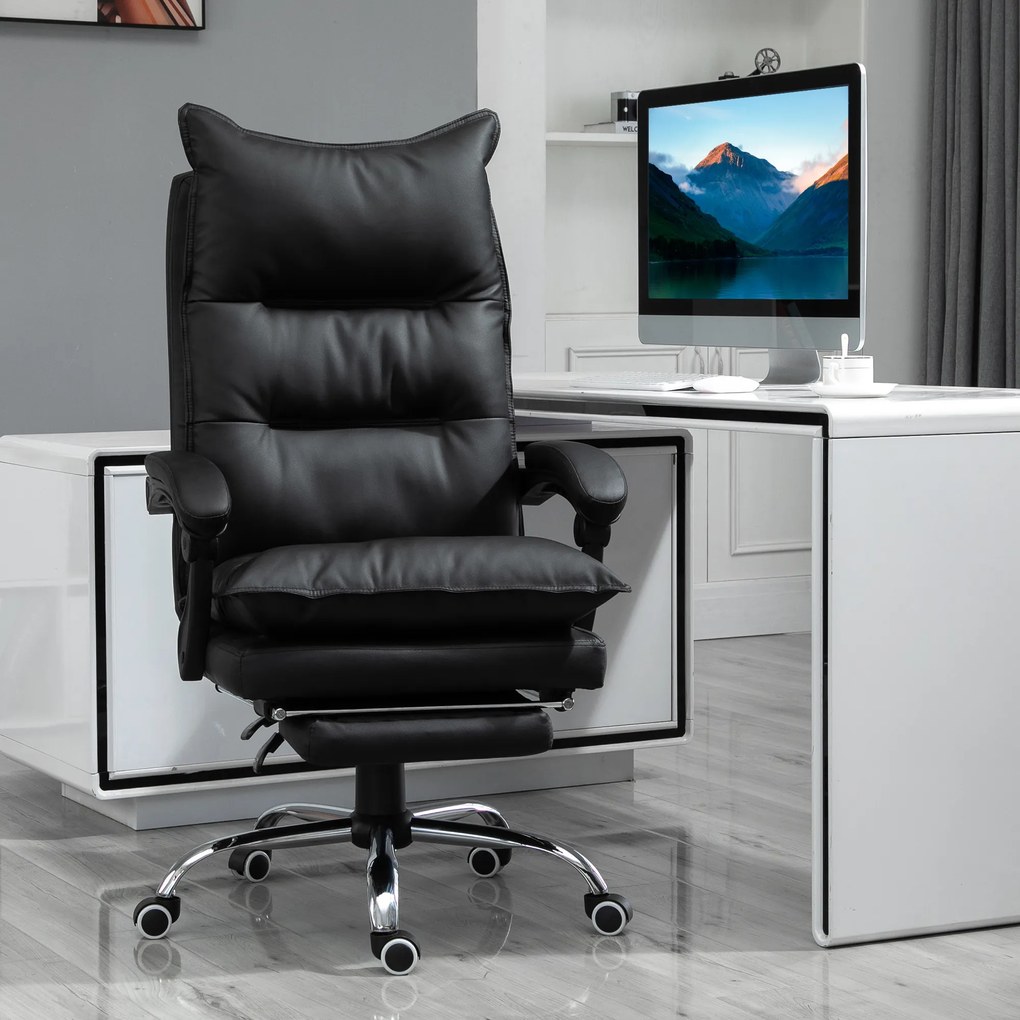 Cadeira de escritório, ergonómica em couro sintético com assento largo e almofadado, encosto reclinável, altura ajustável, braços e apoio para os pés
