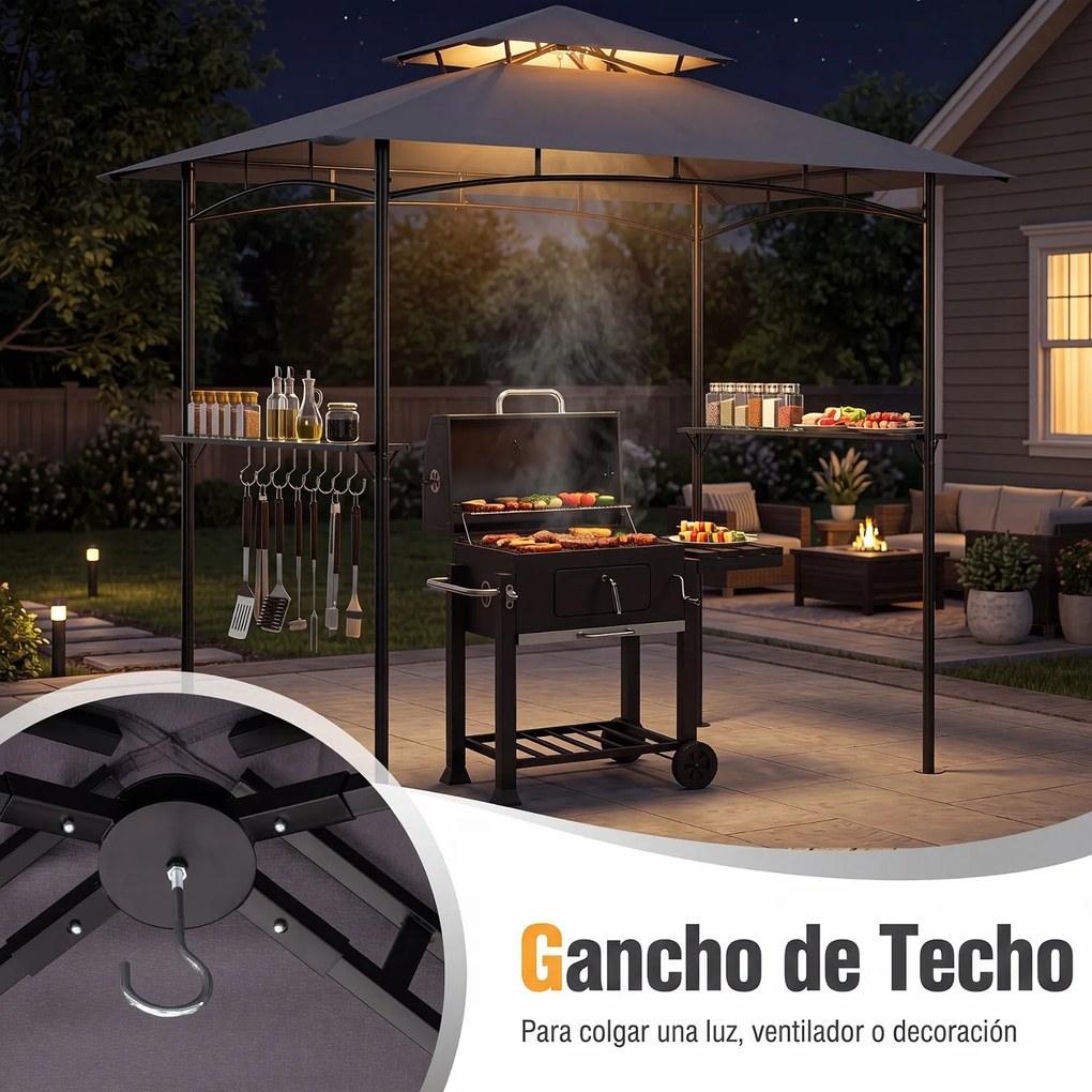 Gazebo para Grelhador de Exterior (GRELHADOR NÃO INCLUIDO), 245 x 151 x 248 cm, Cobertura Dupla, Cinzento