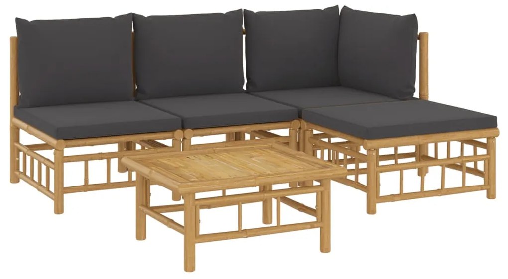 5 pcs conjunto lounge jardim bambu c/ almofadões cinza-escuro