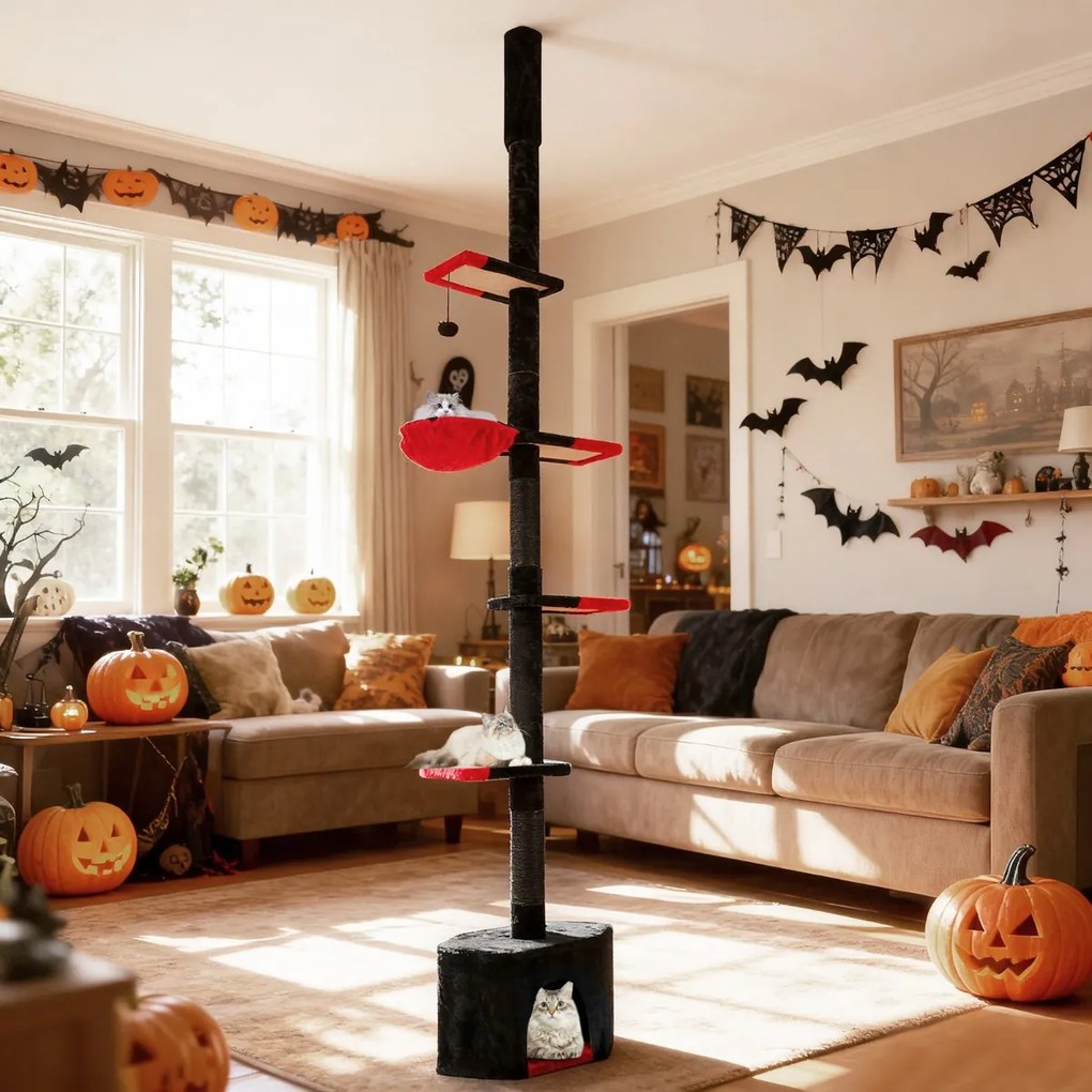 Arranhador para gatos gótico ajustável do chão ao teto de 55 x 29 x 245-300 cm Torre alta de 5 níveis com abrigo, rede e postes para arranhar Preto