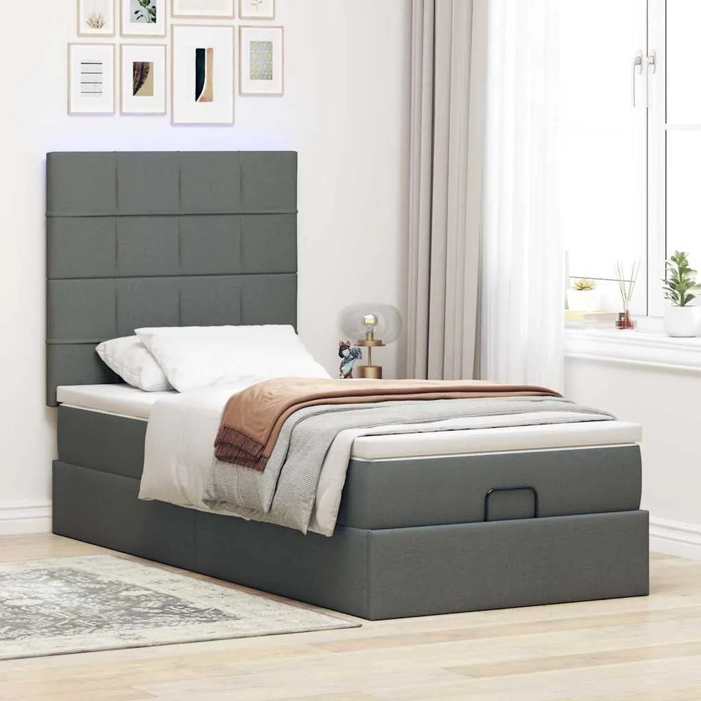 Cama Otomana com colchão & LEDs 80x200cm tecido cinza-escuro