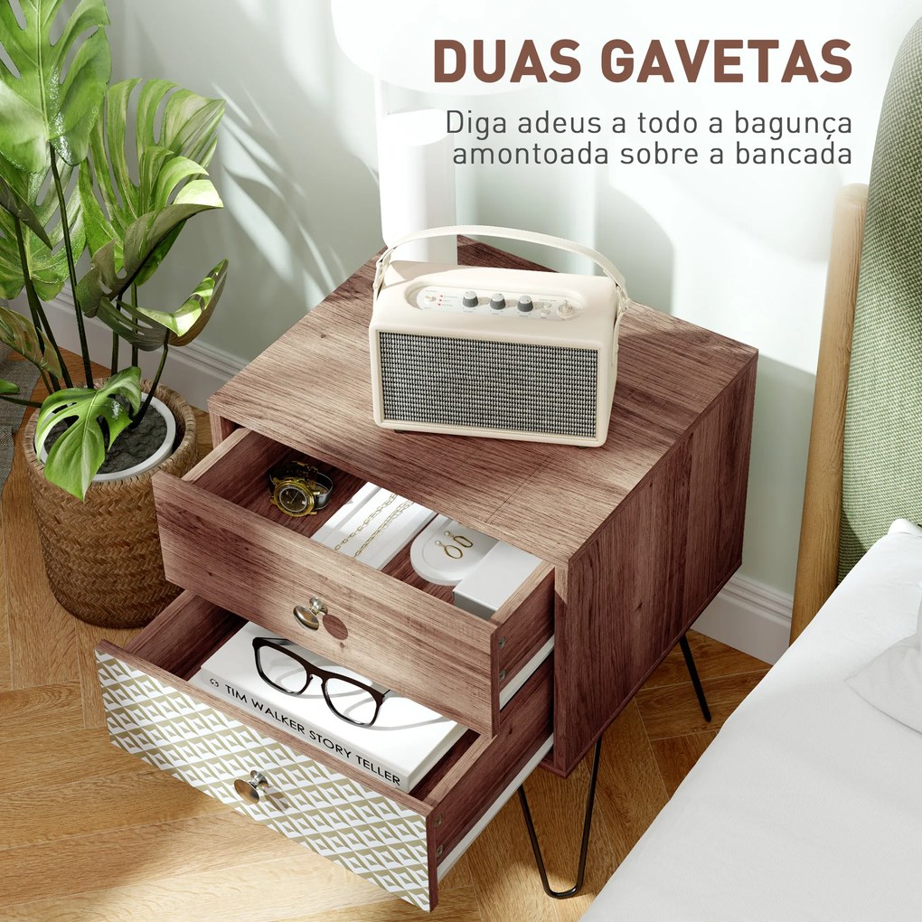 Mesa de Cabeceira com 2 Gavetas Pés de Aço Estilo Boémio Mesa de Cabeceira para Quarto Sala de Estar 45x39x55,5 cm Castanho
