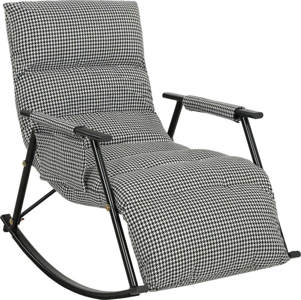 Poltrona Baloiço com Encosto e Apoia-Pés Ajustáveis 105° Estofada em Linho com Bolso Lateral e Estrutura de Metal Preto e Branco