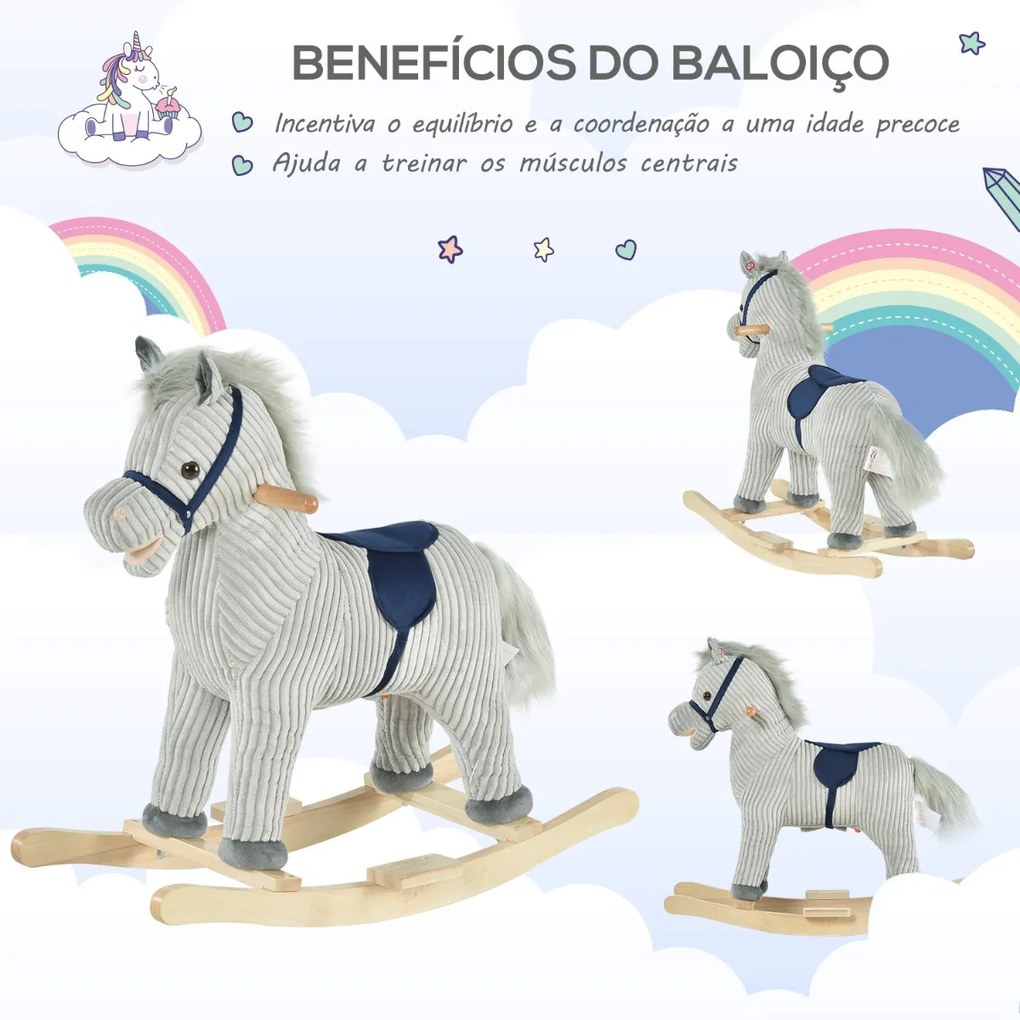 Baloiço Infantil de Cavalo para Crianças acima de 3 Anos Baloiço de Pelúcia com Sons de Relinchos e Galopes e Base de Madeira 73x35x64cm Azul e Cinza