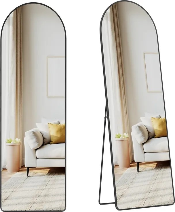 Espelho pé de corpo inteiro de 160 x 50 cm com moldura arqueada em vidro temperado preto