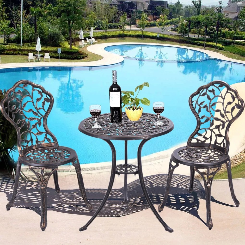 Conjunto de mesa de jardim e 2 cadeiras de jardim Conjunto de 3 peças para exterior em metal cor de bronze