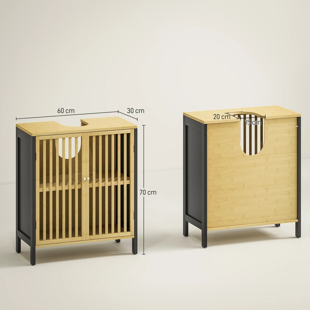 Móvel de lavatório 60 x 30 x 70 cm (NÃO INCLUIDO) com 2 portas e prateleira ajustável , armário de arrumação para lavatório em preto, natural