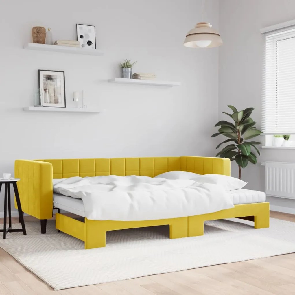 Sofá-cama com gavetão e colchões 80x200 cm veludo amarelo