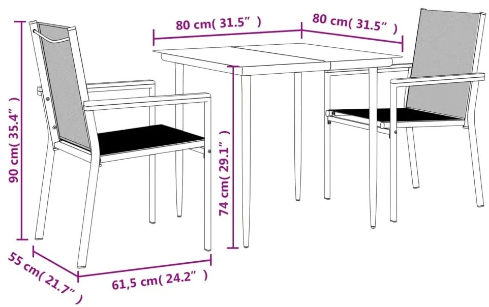 3 pcs conjunto de jantar para jardim textilene e aço preto