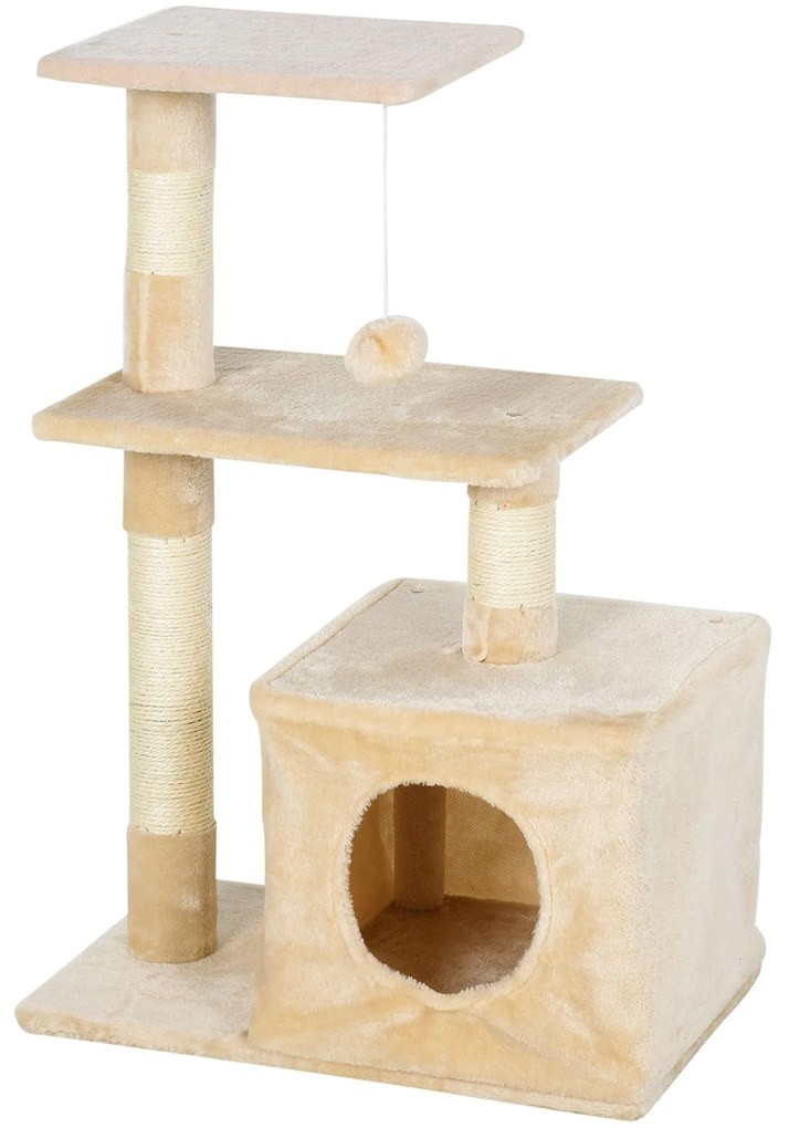 PawHut Arranhador para Gatos 50x30x81,5 cm Centro de Atividades para Gatos com Poste de Sisal Plataformas e Caverna Bege