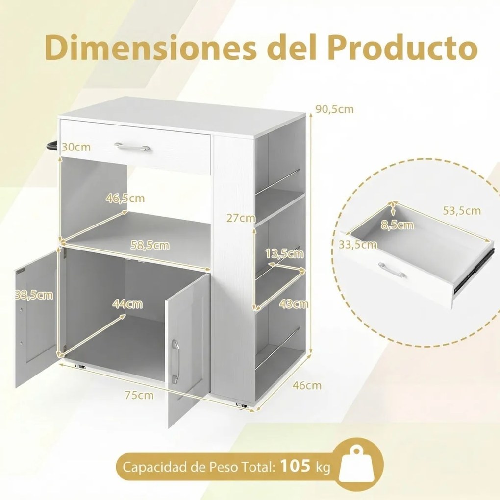 Carrinho de cozinha 75 x 46 x 90,5 cm com rodas bloqueáveis, cubo aberto dupla face, prateleiras laterais, gaveta, toalheiro branco