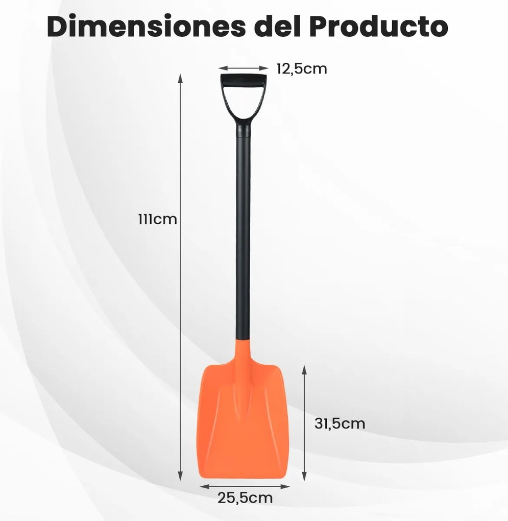 Pá de neve portátil leve com cabo de alumínio e pega ergonómica para entradas, passeios, jardins Laranja