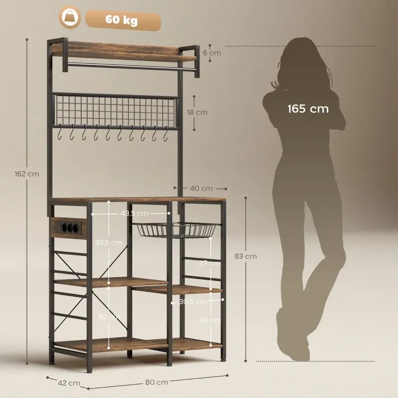 Armario de Cozinha com Três Tomadas e Luzes LED Estilo Industrial com Prateleiras para Micro-ondas 80x42x162 cm Castanho Rústico e Preto