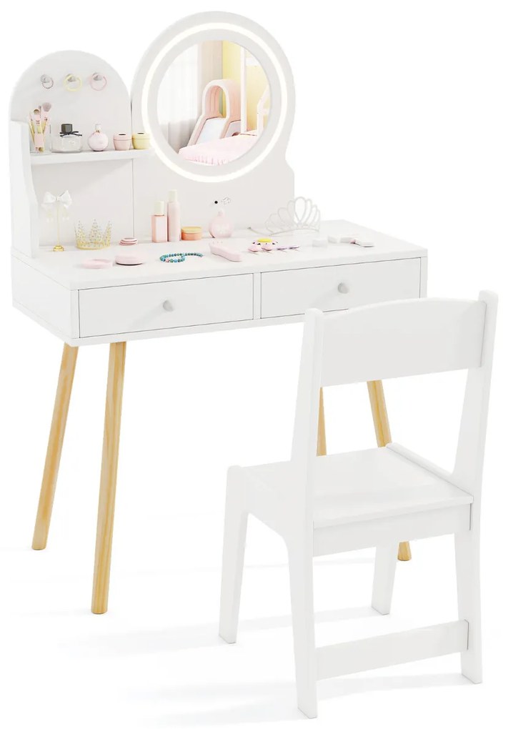 Conjunto de Toucador Infantil com Espelho Iluminado Conjunto de Mesa e Cadeira de Princesa com Espelho e Luzes Ganchos e Gavetas Branco