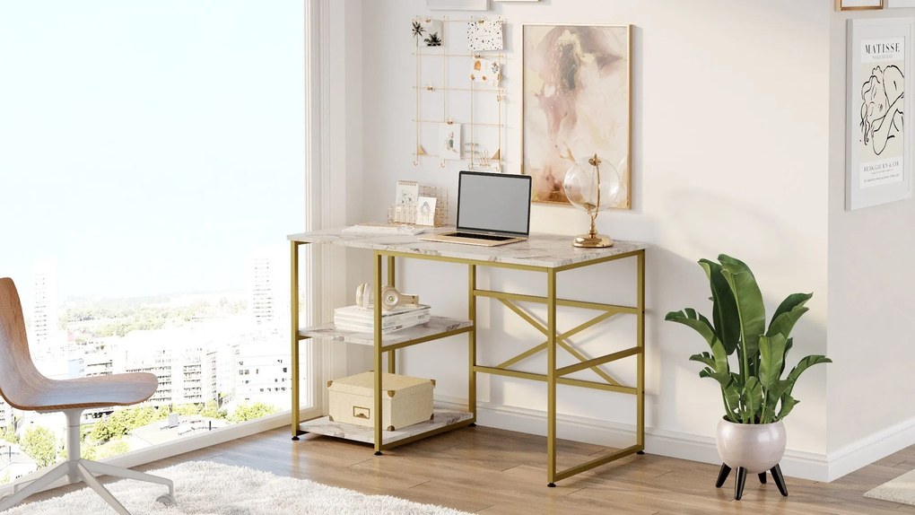Secretária VG23 – Mármore Branco e Dourado – 120x75x60 cm
