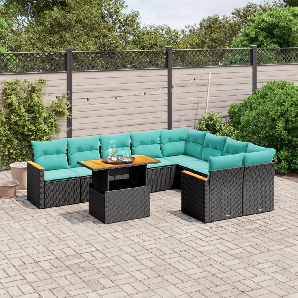 vidaXL 10 pcs conjunto de sofás p/ jardim c/ almofadões vime PE preto