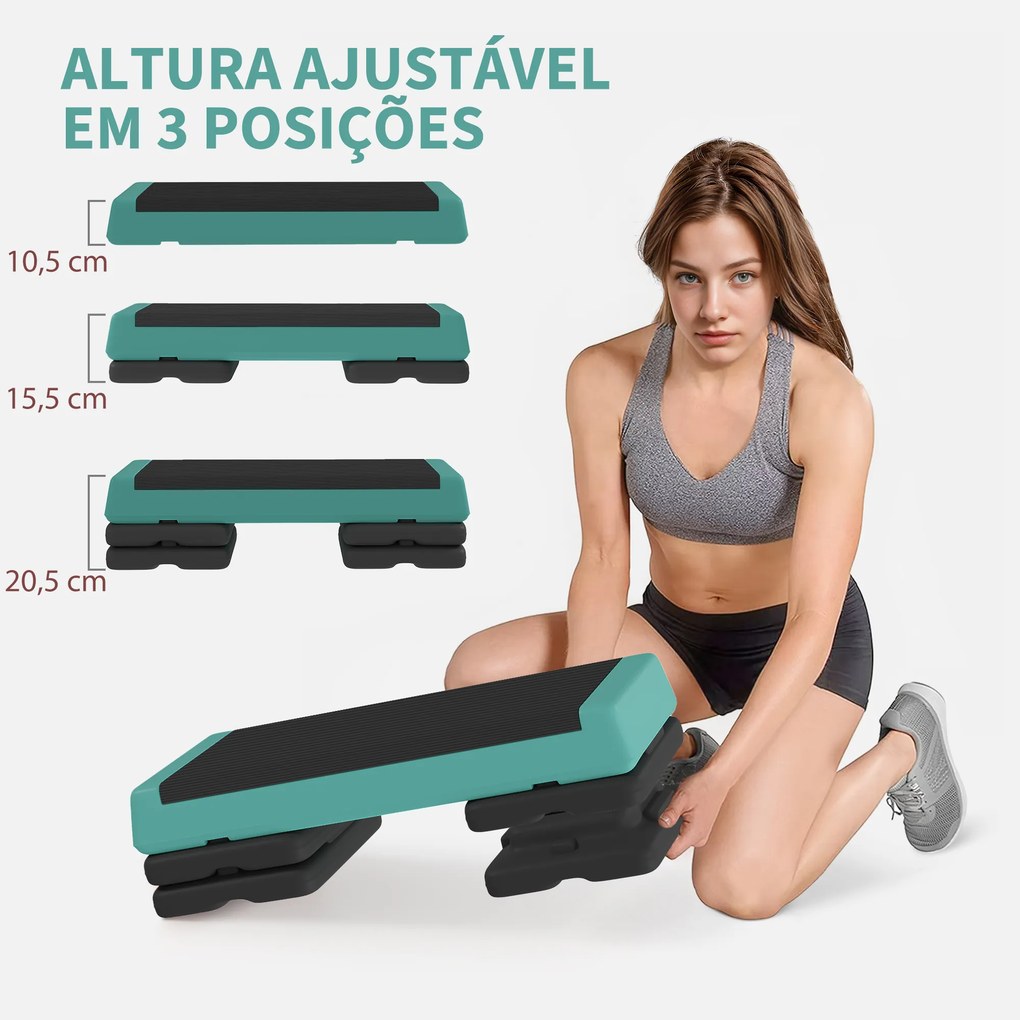 Step para Fitness Antideslizante Altura Regulável 3 Níveis de 10,5/15,5/20,5 cm Capacidade 250 kg 77x36x20,5 cm Verde e Preto