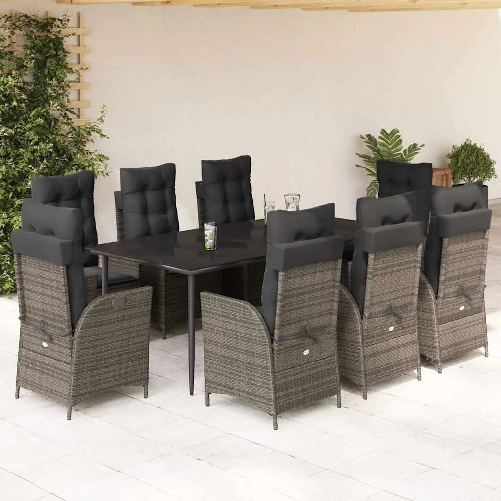 vidaXL 9 pcs conjunto de jantar p/ jardim c/ almofadões vime PE cinza