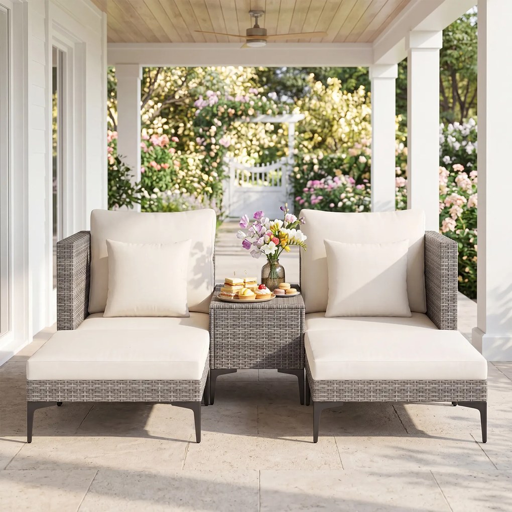 Conjunto jardim de rattan para exterior de 5 peças com mesa auxiliar, 2 sofás, 2 apoios para os pés, almofadas e travesseiros macios, modular, para pá