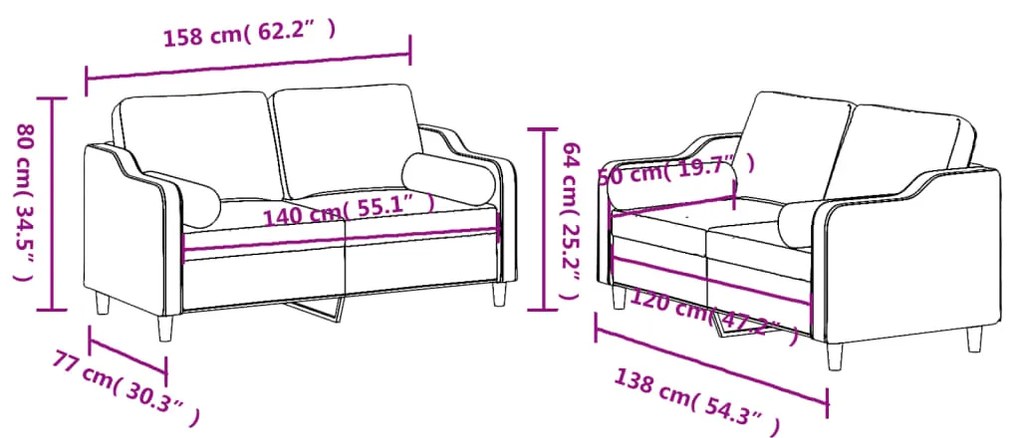 2 pcs conjunto de sofás com almofadas tecido cinza-acastanhado