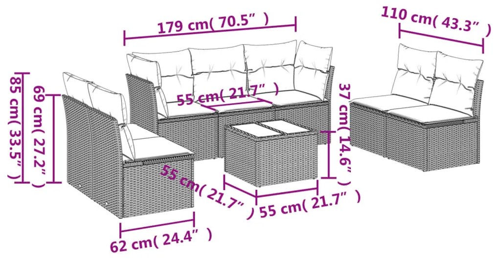 8 pcs conjunto de sofás p/ jardim com almofadões vime PE bege