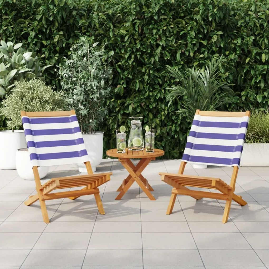 Cadeiras jardim 2 pcs madeira acácia maciça/tecido azul/branco