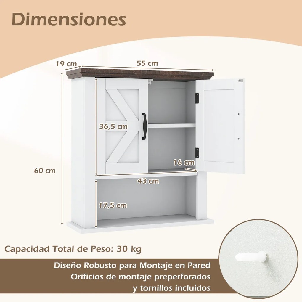 Armário de parede casa de banho, sala, cozinha ou entrada 55 x 19 x 60 cm com portas em estilo rústico, prateleira ajustável e compartimento aberto Br