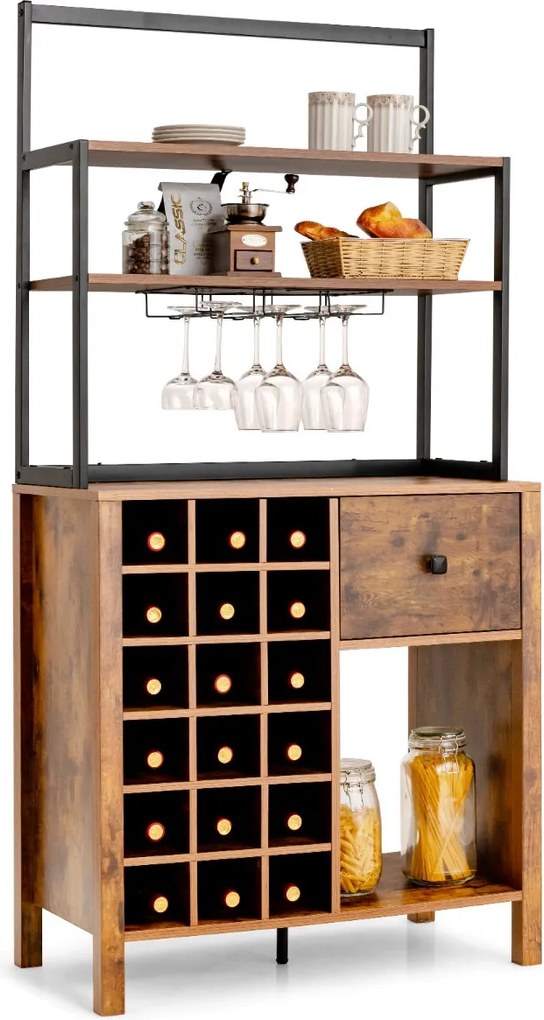 Armário de jantar de cozinha com Garrafeira para vinhos de 4 níveis Prateleira para forno micro-ondas 74 x 40 x 160 cm Castanho