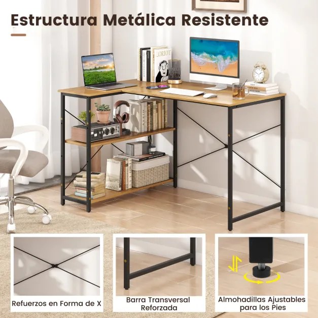 Secretária em forma de L com prateleira ajustável com estrutura metálica resistente para escritório em casa Castanho e Preta