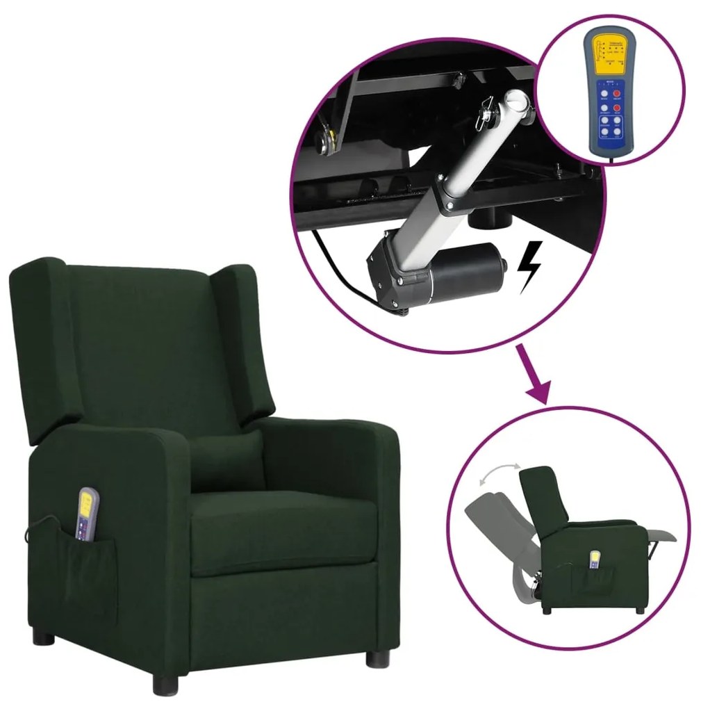 vidaXL Poltrona elevatória de massagens tecido verde-escuro