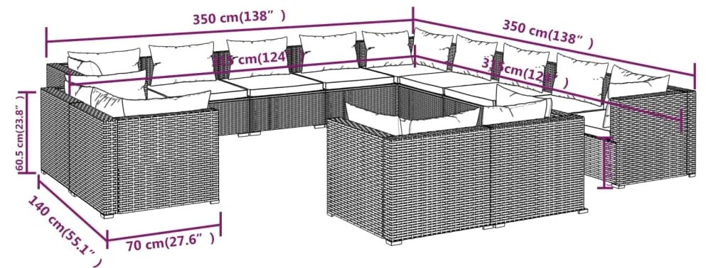 13 pcs conjunto lounge de jardim c/ almofadões vime PE preto