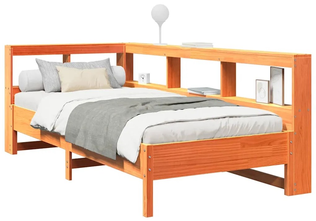 Cama com estante sem colchão 75x190cm pinho maciço castanho-mel