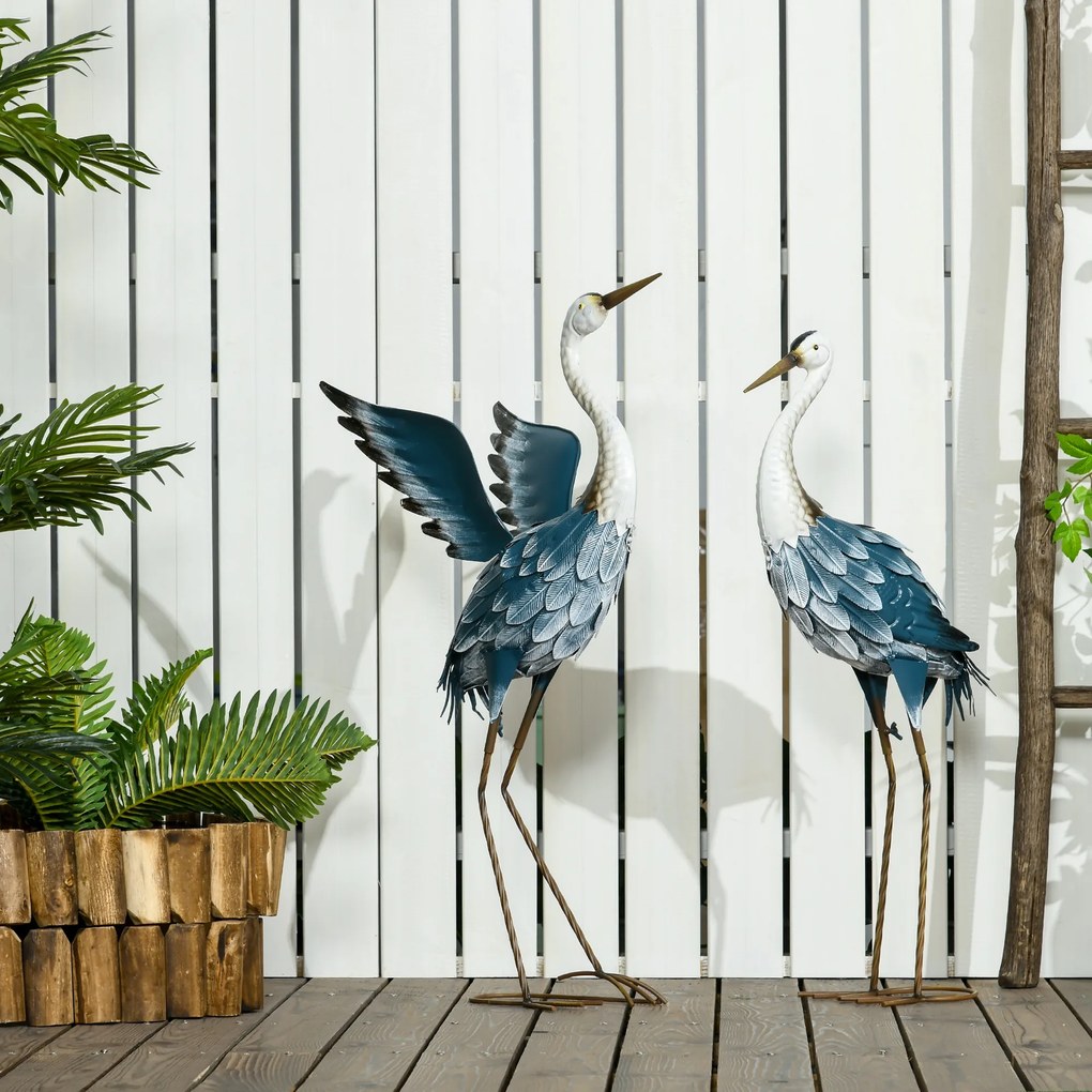 Conjunto de 2 estátuas de jardim para exterior, escultura de garça em aço para lago, pátio, terraço, relvado, 74/70 cm, multicoloridas