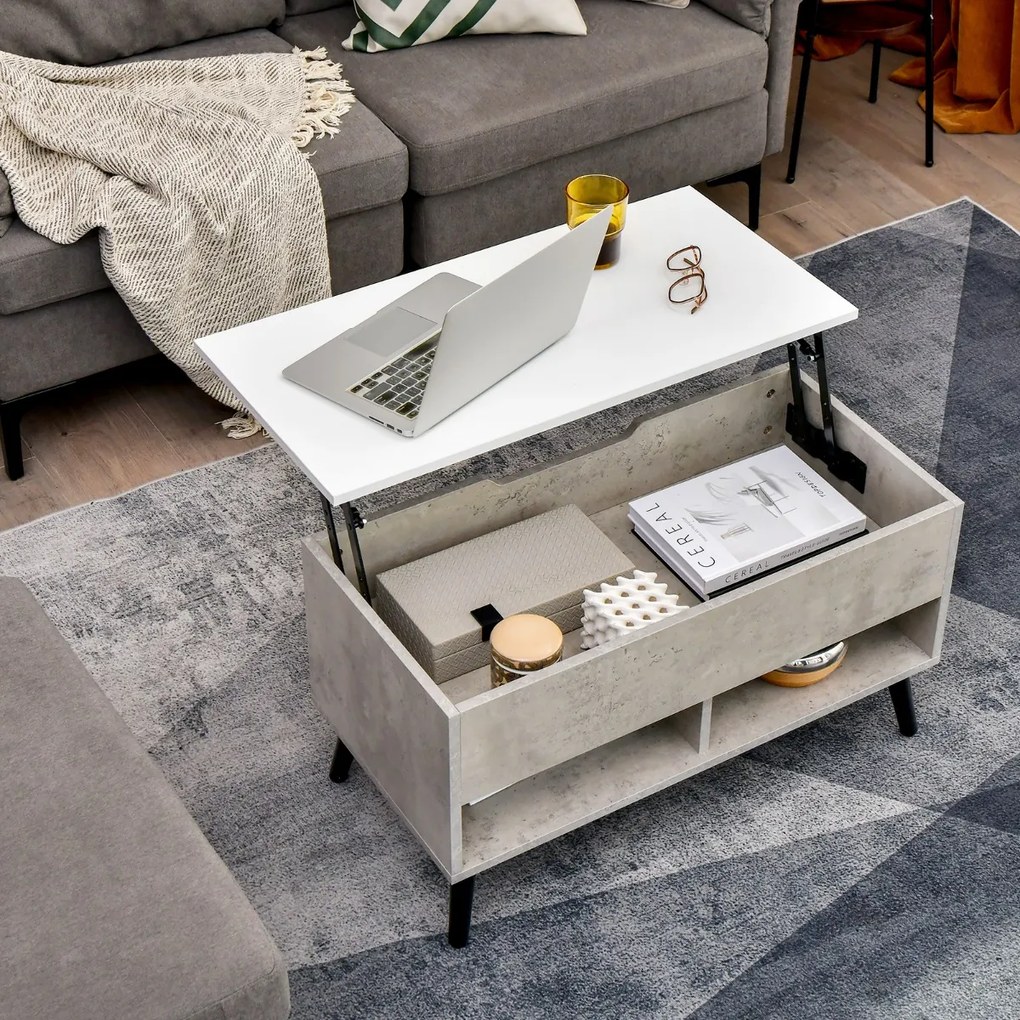 Mesa de centro com tampo elevável 80 x 40 x 46 cm, compartimento oculto e 2 prateleiras para sala de estar Cinzenta