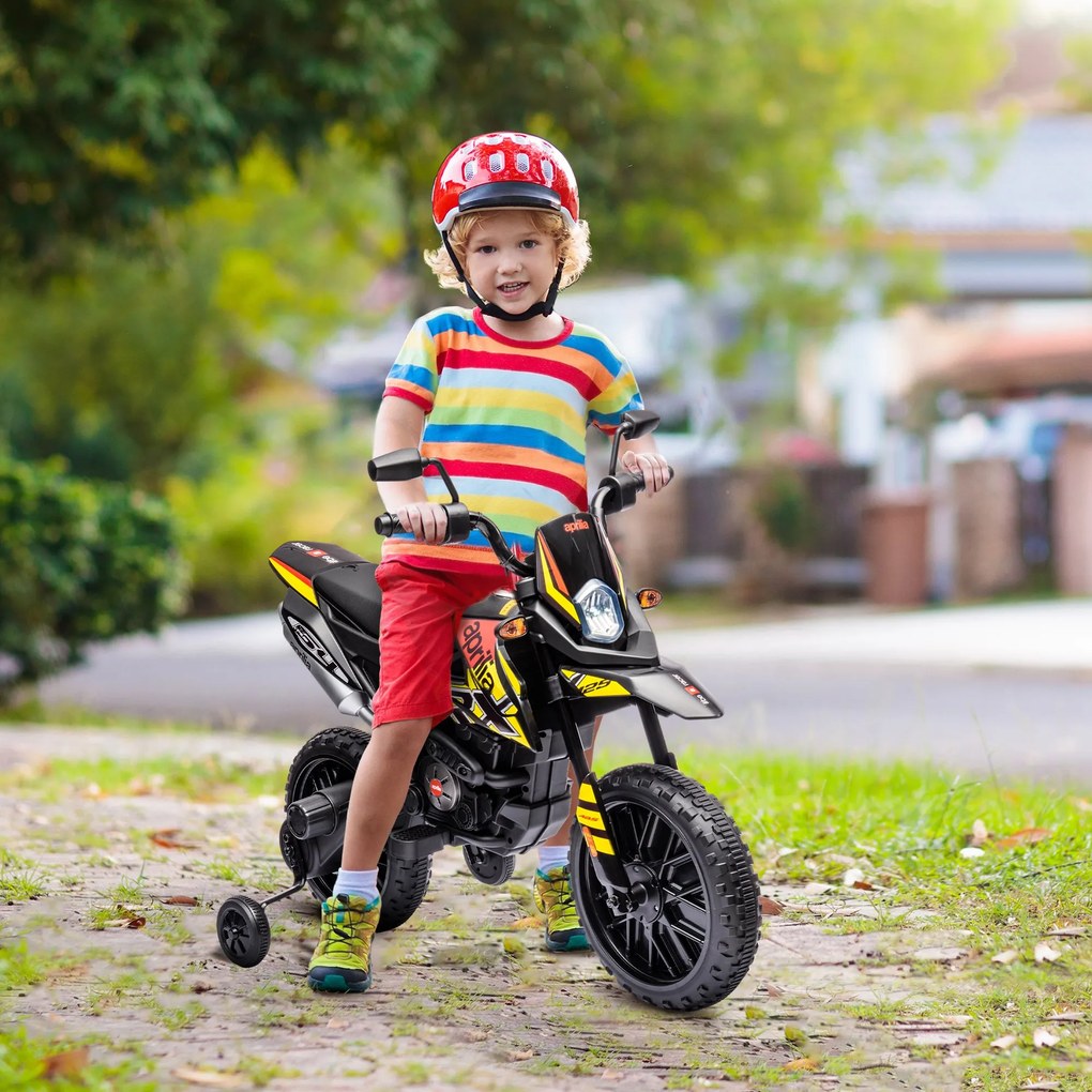 Moto Elétrica 12V para Crianças 3 aos 6 anos, 106,5 x 56 x 80 cm, Rodas de Treino Amovíveis, Amarela