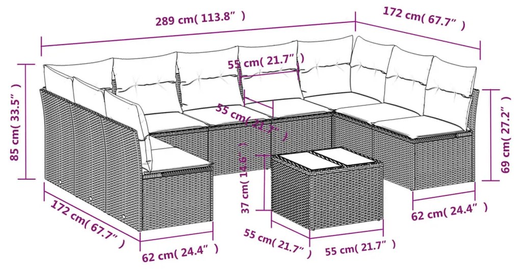 10 pcs conj. sofás jardim com almofadões vime PE cinzento-claro