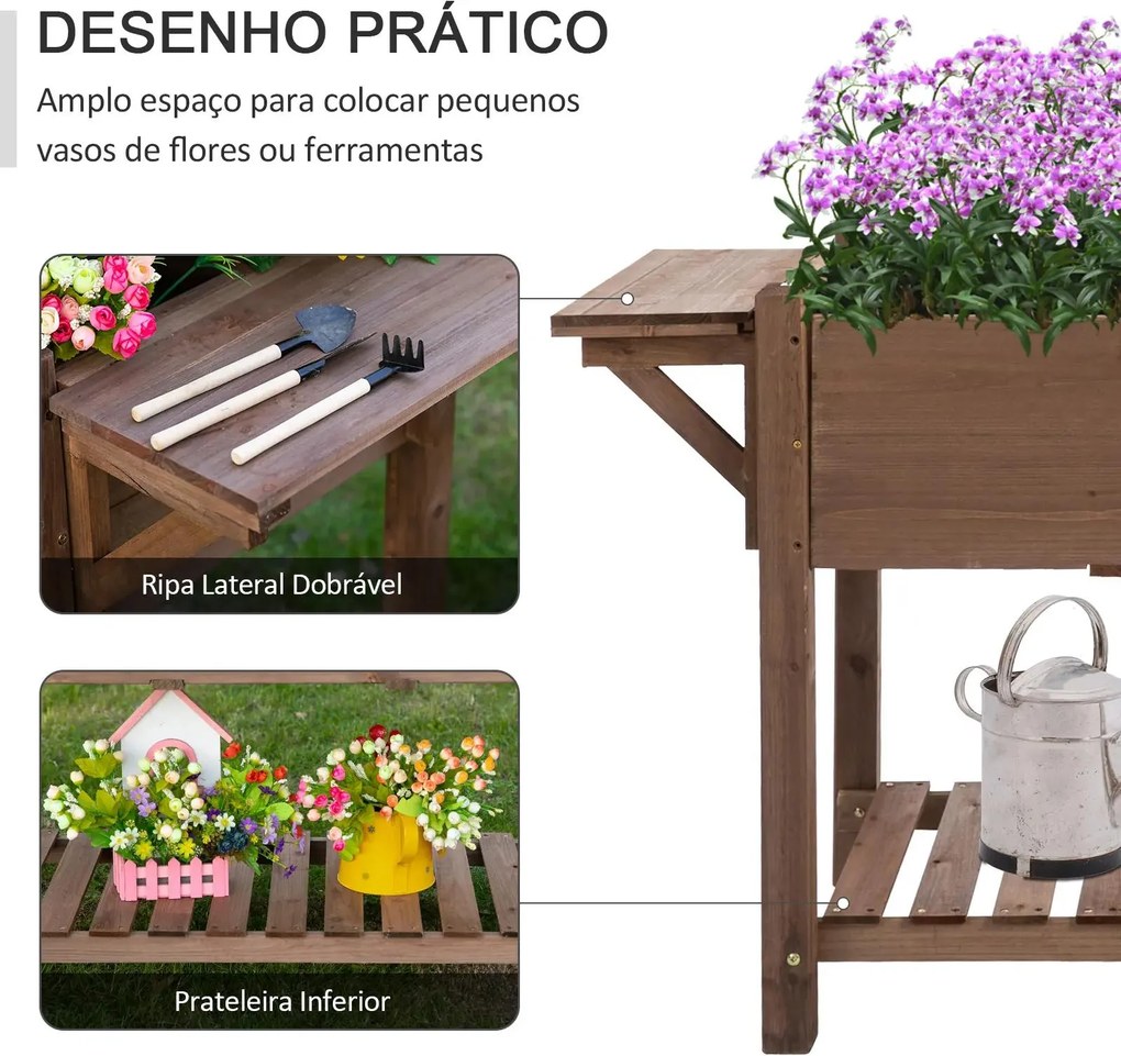 Horta Vertical com Prateleira Horta Elevada de Madeira Maciça para Cultivo de Flores Verduras Ervas 123x54x74cm Castanho