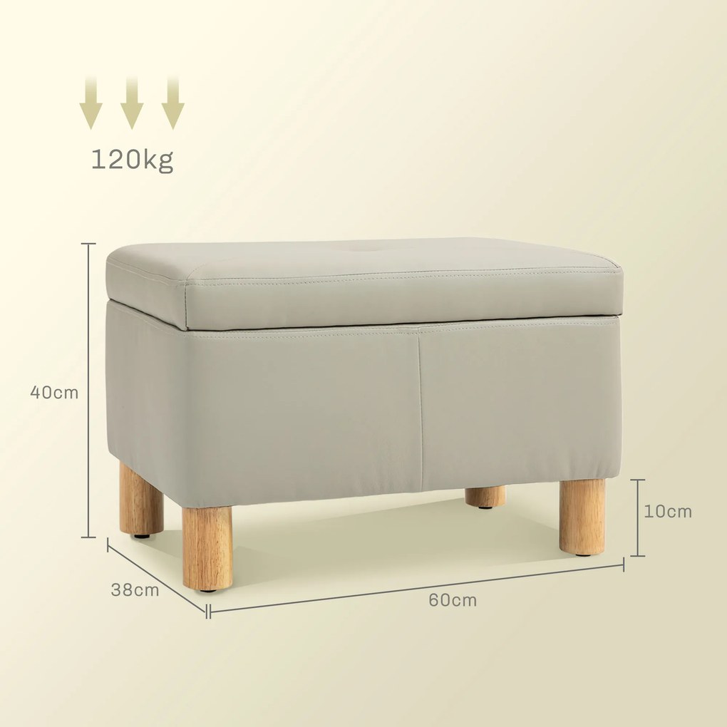 Baú de Armazenamento para Dormitório 33L Puff de Armazenamento Estofado em PU Banco de Arrumação 60x38x40 cm Cinza Claro