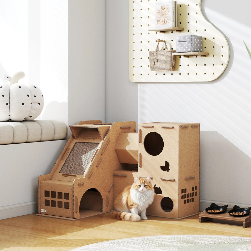Casa para Gatos de Cartão em Forma de Castelo com 2 Níveis 3 Zonas de Arranhar Túnel e Rampa 78x66x57 cm Castanho