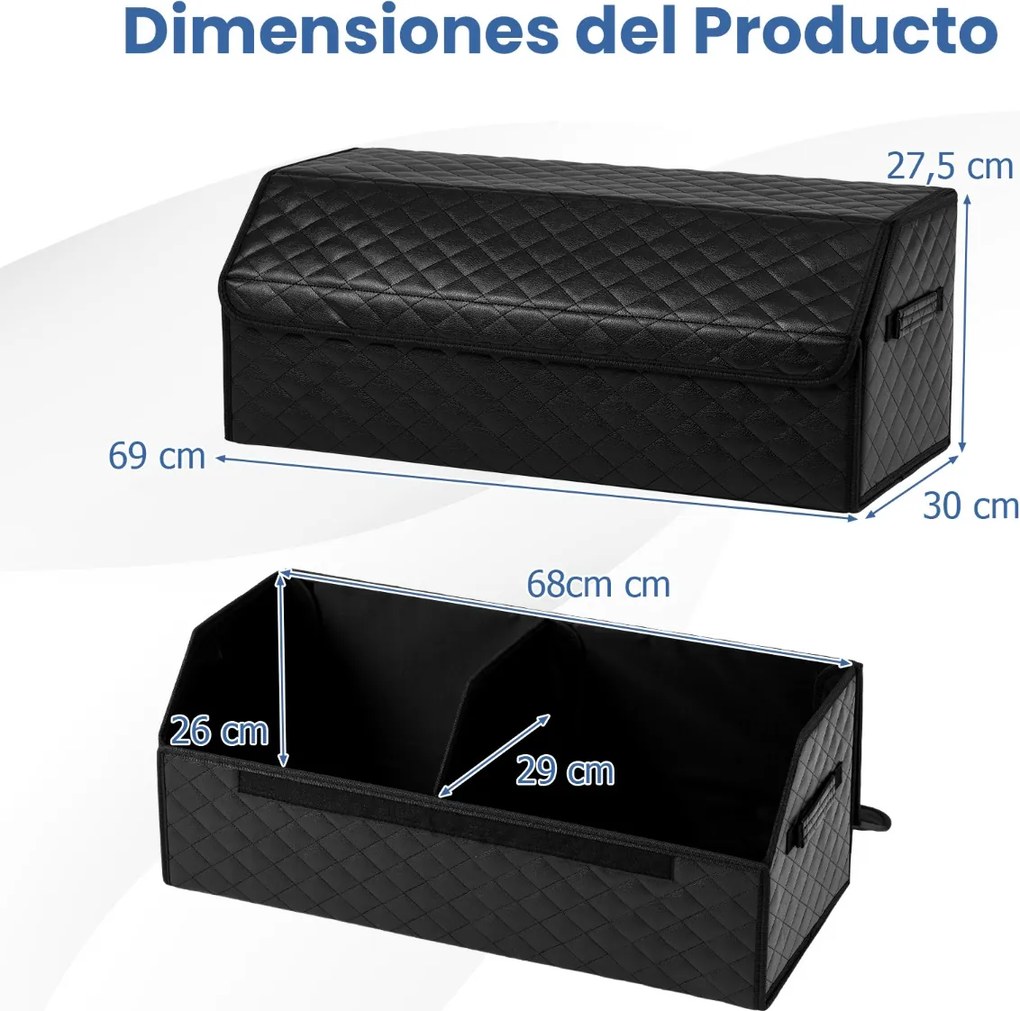 Organizador dobrável para porta-malas Carro 51L com tampa acolchoada em couro 30 x 69 x 27,5 cm e divisória ajustável Grande capacidade Preto
