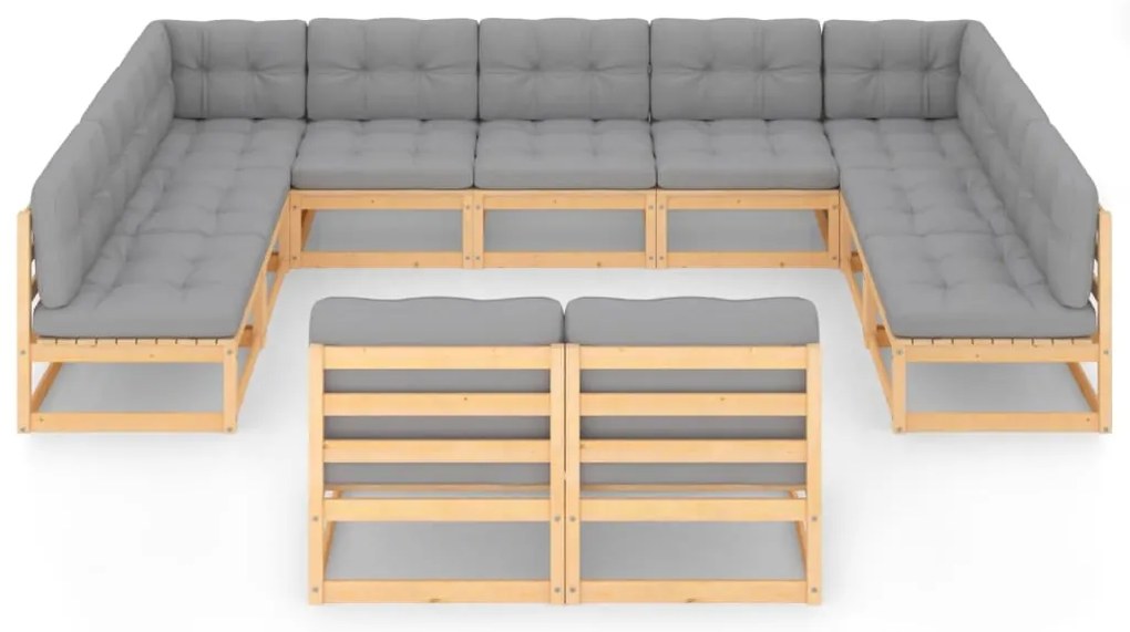11 pcs conjunto lounge de jardim c/ almofadões pinho maciço