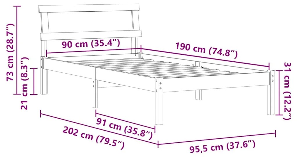 Estrutura da Cama com luzes de tira LED com cabeceira Castanho 90 x 19