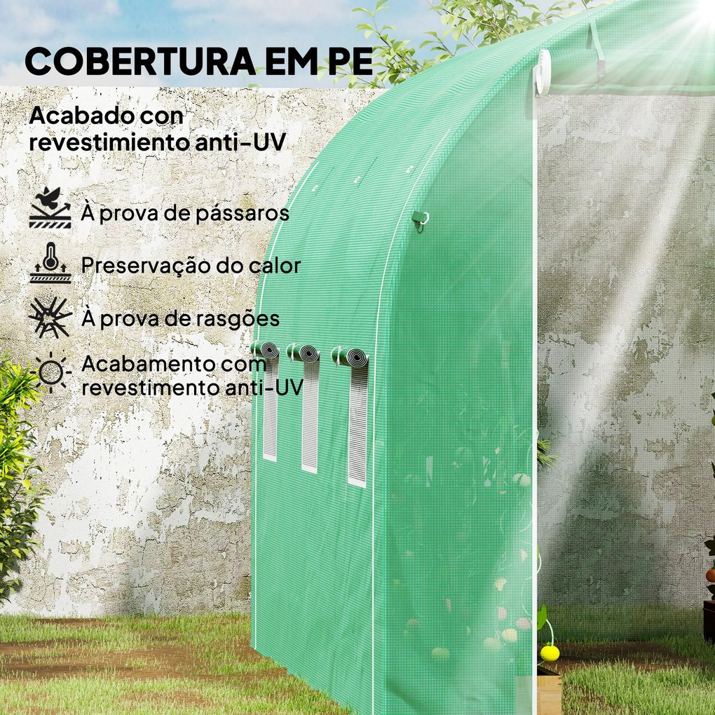 Estufa Tipo Túnel 296x196x200 cm Estufa de Jardim com 3 Portas e 6 Janelas Enroláveis Teto Curvo para Cultivo Verde