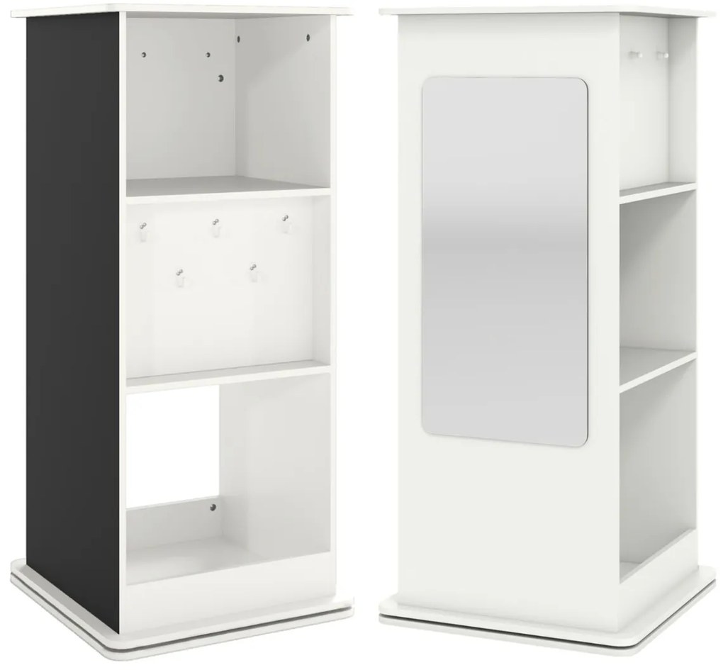 Estante giratória infantil de canto 47 x 47 x 104,5 cm com quadro negro, ganchos e compartimentos abertos Torre organizadora branca